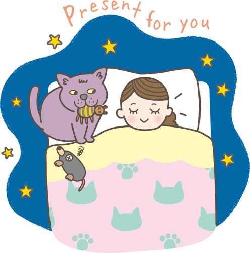寝ている女性にお土産を持ってくる猫のイラスト