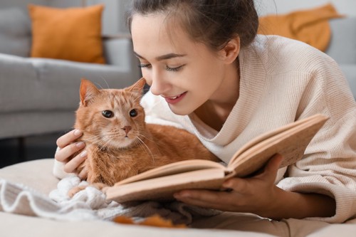 読書を楽しむ飼い主さんと猫