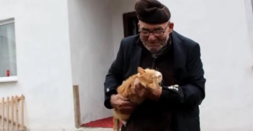 家の前で男性に抱っこされるチャトラ猫