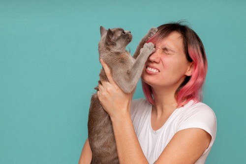 猫に髪を遊ばれる女性