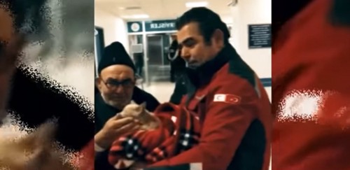 病院で再会する男性と毛布に包まれた猫