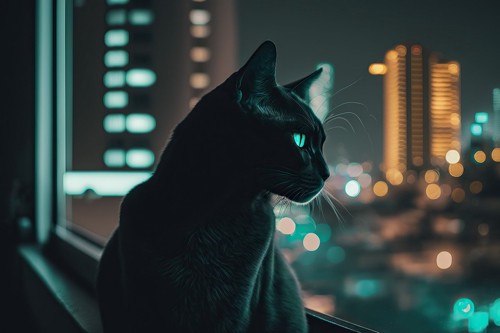 窓際にいる目の光っている猫