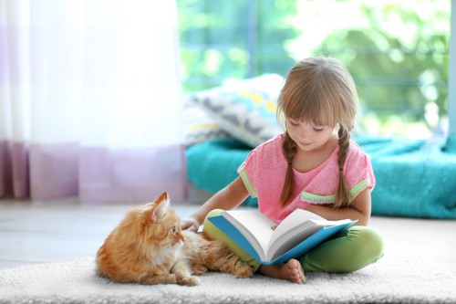 本を読んでいる少女と猫