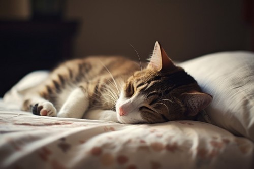 飼い主さんのベッドを占領する猫