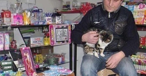 文房具店内で猫を抱く男性