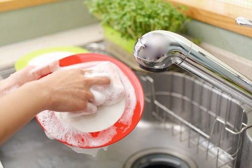 洗剤でお皿を洗う手