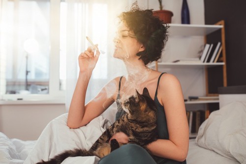 タバコを吸っている女性の膝にいる猫