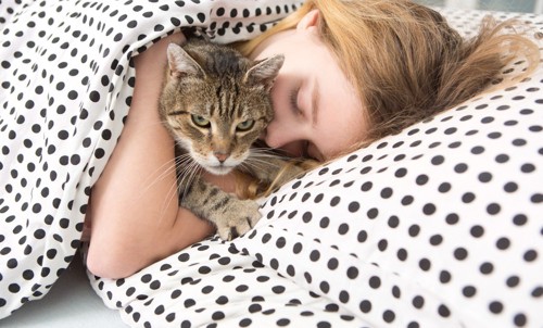 女性と寝る猫