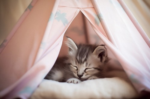 テント型のベッドで寝る子猫