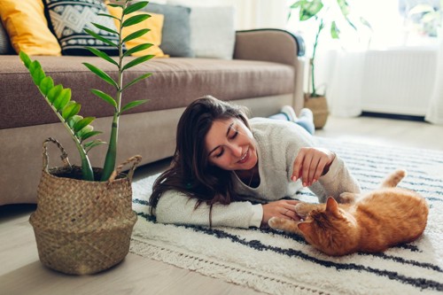 横たわる猫と遊ぶ女性