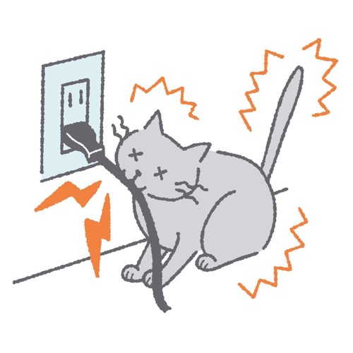 コードを齧って感電する猫のイラスト