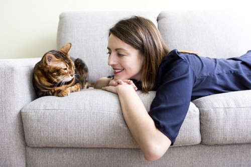 ソファーでくつろぐ女性と猫