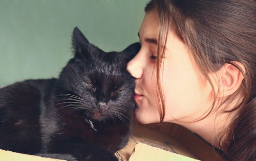 眠る黒猫にキスをする女性