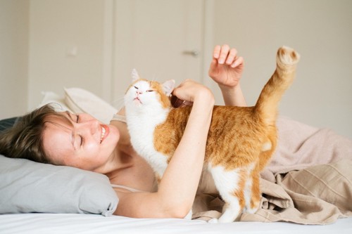 寝ている女性と茶白の猫