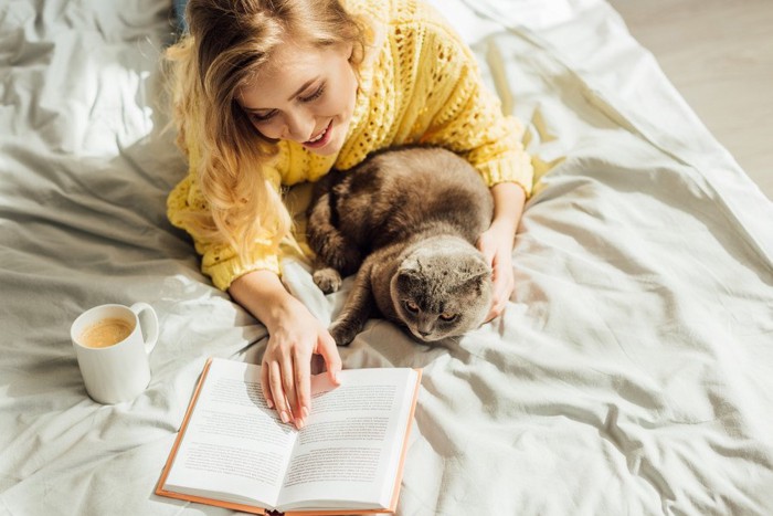 読書中の女性と猫