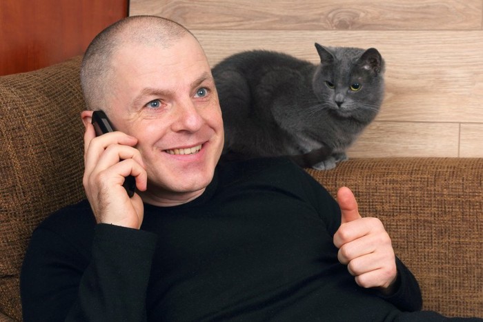 電話中の男性の顔のそばで座る猫