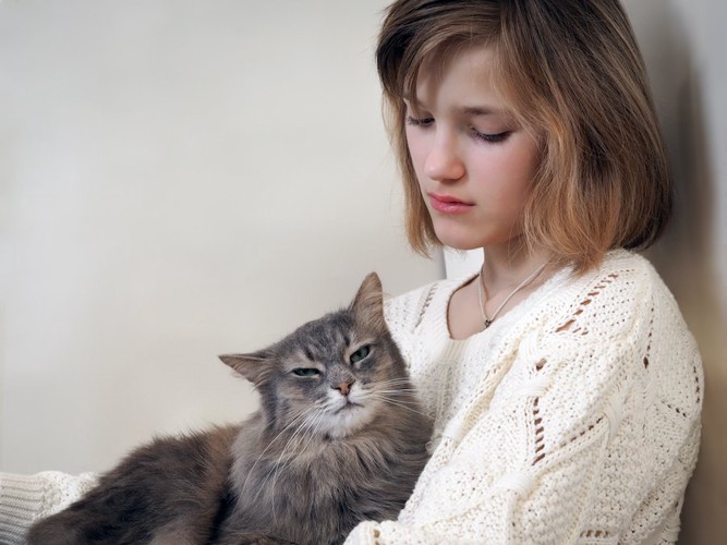 悲しそうな女性と膝の上の猫