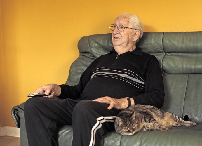 ソファーでくつろぐ歳を重ねた男性と猫
