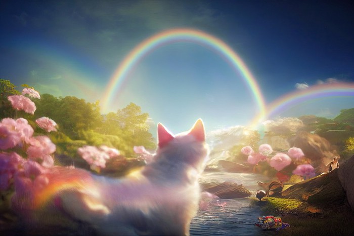 虹の橋を見つめる後ろ姿の猫