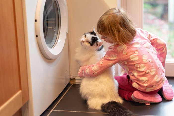 洗濯機の前に座る少女と猫
