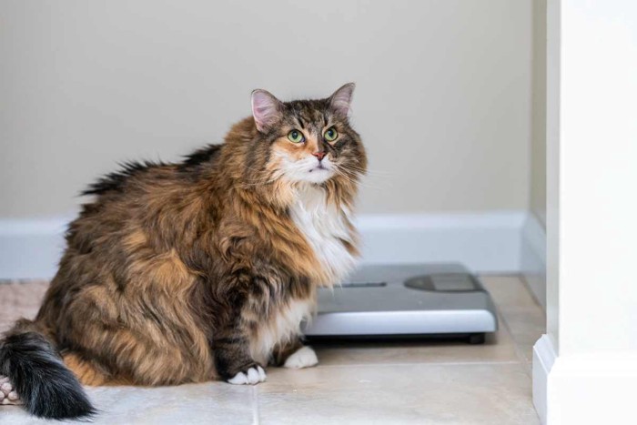 体重計の前にいる肥満気味の猫
