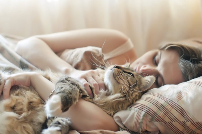ベッドで猫と一緒に眠る女性