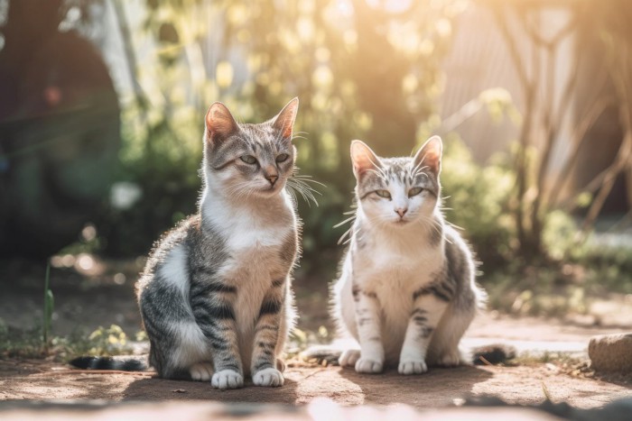 太陽の下の二匹の猫