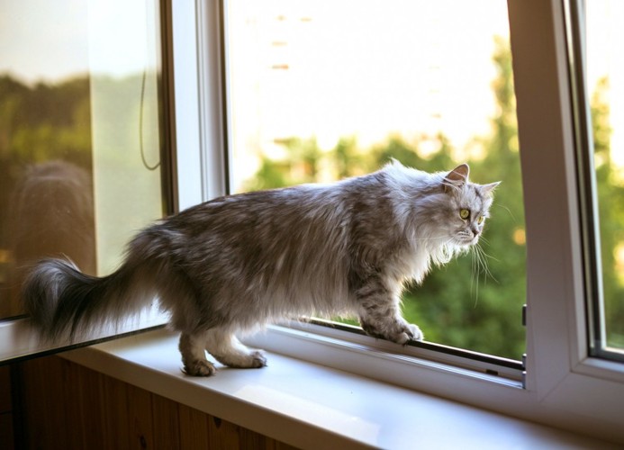 窓から身を乗り出す灰色猫