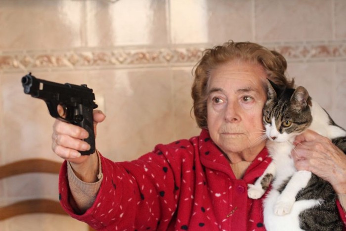 拳銃を構える女性と猫
