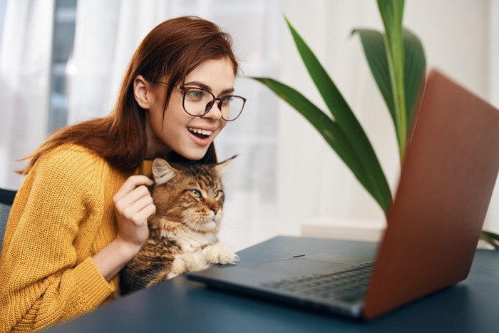 パソコンを見る女性と猫