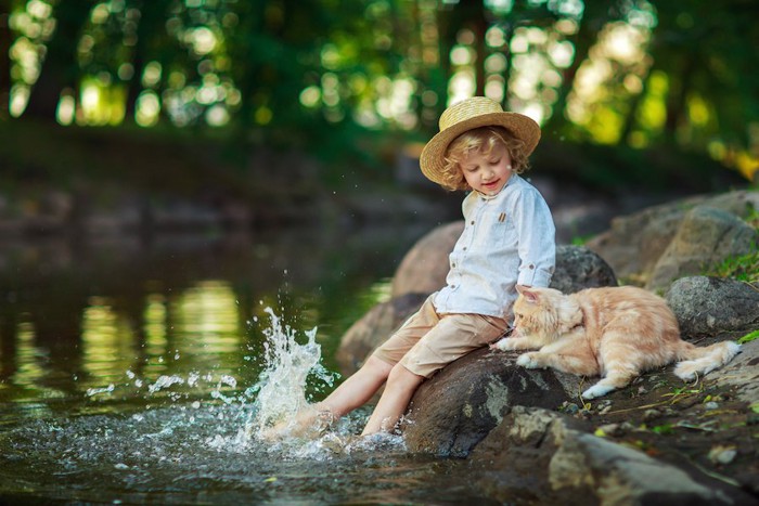水辺で遊ぶ子供と猫