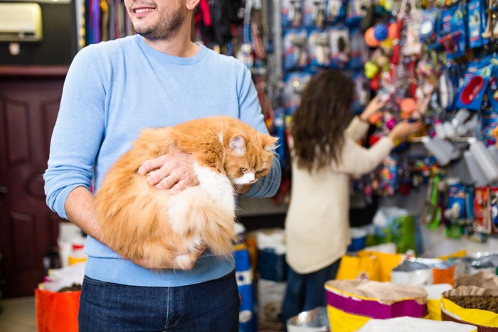 店内で猫を抱く男性