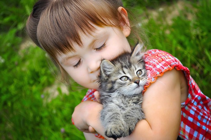 子猫を抱っこして目を閉じる女の子