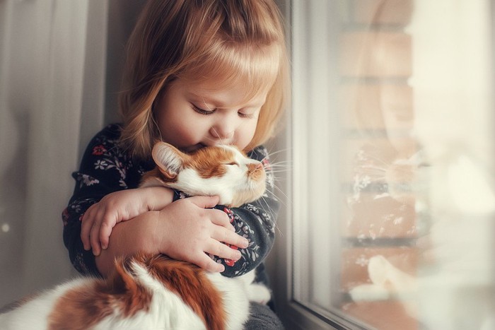 小さな女の子と抱かれる猫