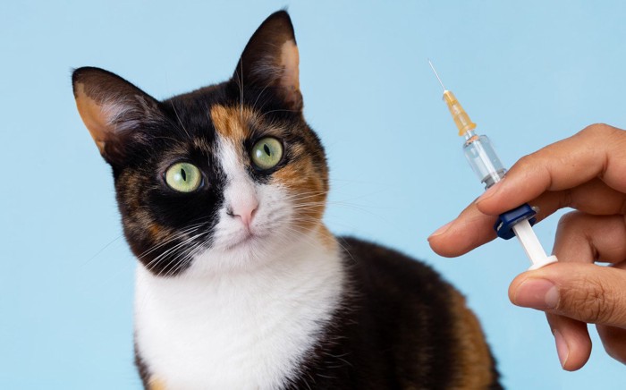 注射針を見ている猫