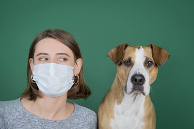 マスクを着けた女性と犬