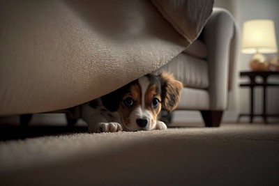 不安そうにソファの下に隠れる子犬