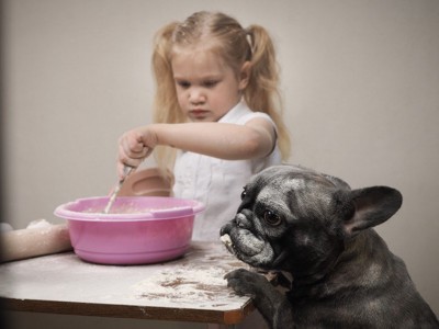 ケーキを作る少女と犬