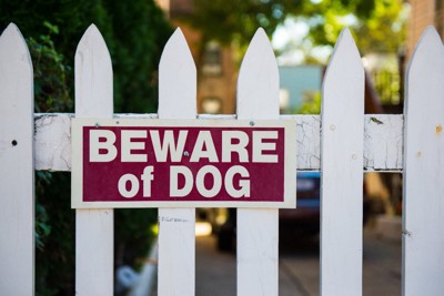 フェンスにつけた「犬に注意」のサイン