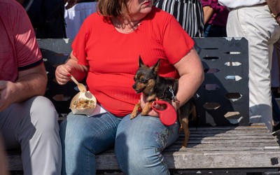 犬と食べ物を膝に置いている女性