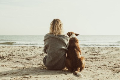 砂浜で女性に寄り添う犬