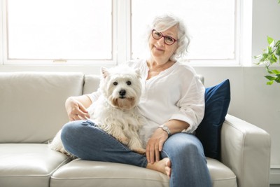 ソファーに座る女性と犬