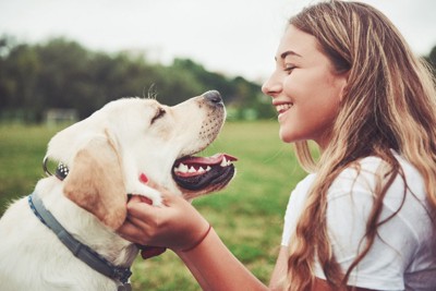 笑顔で見つめ合う犬と女性