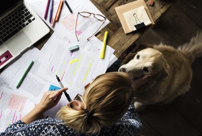 勉強中の女性と隣に座る犬