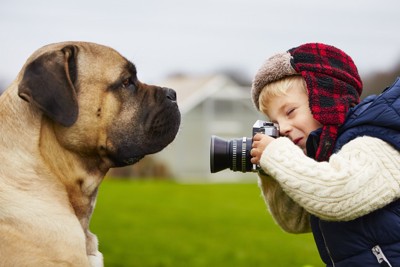 犬の写真を撮る男の子