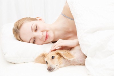 ベッドの中で横になる女性と犬