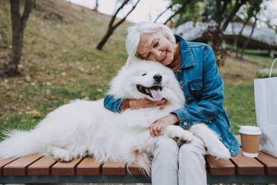 白い犬を抱きしめる白髪の女性