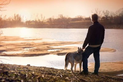 川原に立つ犬と男性