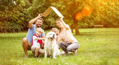 公園の芝生の上でポーズを取る家族と犬