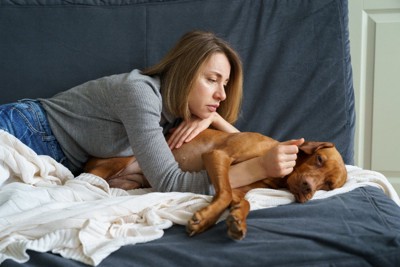 女性とソファで寝てる犬